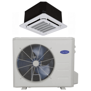 Carrier® 1.0 ton 26 SEER2 12000 BTU 1 Zone Ductless Heat Pump System| R454B| 208/230V| w/4-Way Cassette Air Handler| 45MBCQ01XXX3 Grille & Wireless Remote Included| 37MARAQ12AA3 45MBCAQ12XA3