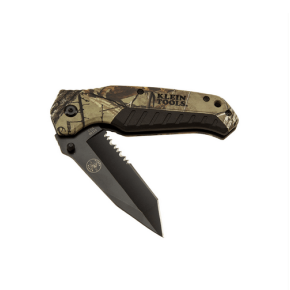 KLEIN Realtree Xtra Camo Pocket Knife | Black 440A stainless steel 3 1/2 in. Tanto Blade | rubber finger grip | Comes with Holster | 44222