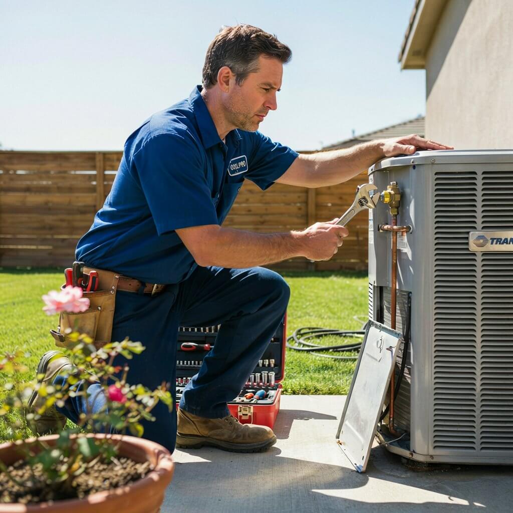 Pre-Season AC Tune-Up Tips to Lower Central Air Conditioning Costs | ExpressOverstock.com HVAC technician performing a pre-season AC tune-up to reduce central air conditioning costs