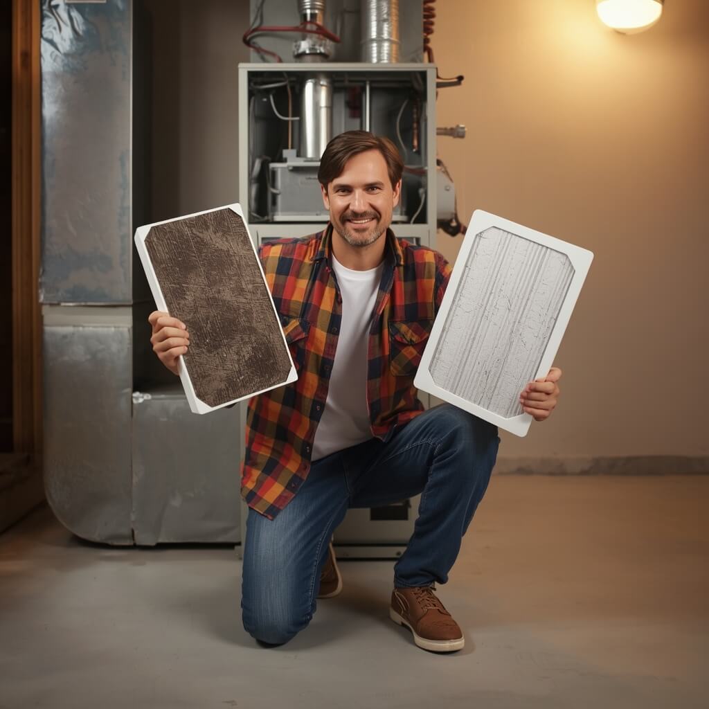 Fall Furnace Filter Replacement Guide | ExpressOverstock Homeowner replacing furnace filter to improve home heating system efficiency before winter
