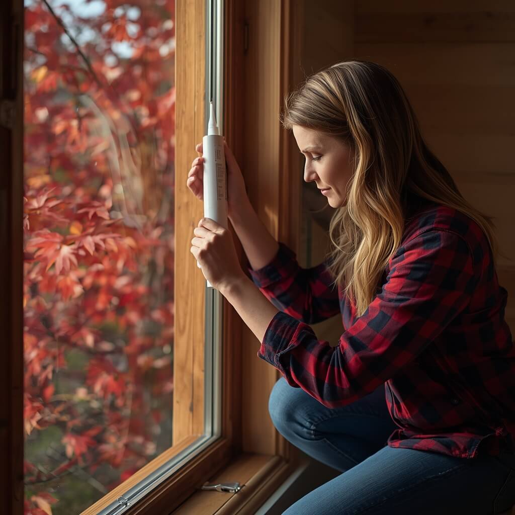 Fall Air Sealing Tips for Home Heating Systems | ExpressOverstock Homeowner caulking window frames in fall to improve home heating system efficiency