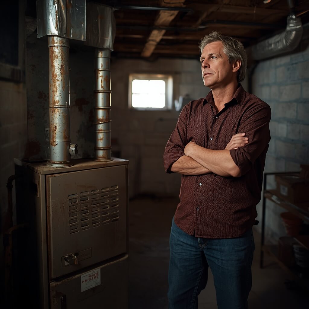When to Replace Your Home Heating System | ExpressOverstock Old furnace next to modern Carrier home heating system — when to replace before winter