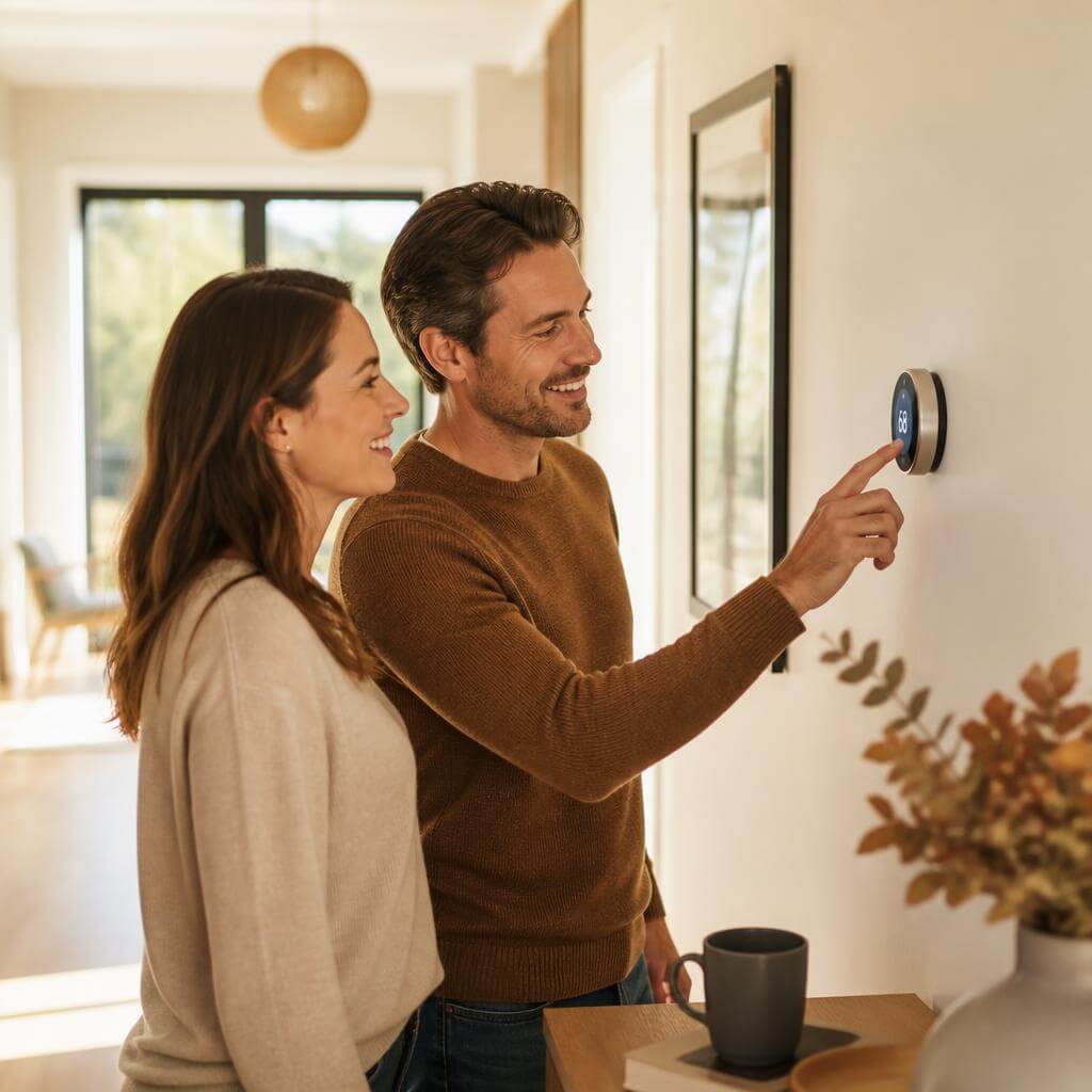 Winter Thermostat Settings to Lower Heating Costs | ExpressOverstock Smart thermostat programmed for winter heating schedule to lower home heating system costs